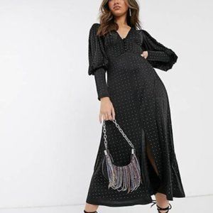 Black Silky Long Midi Dress with Crystals Rhinestones V Neck Split Sparkle 10 L